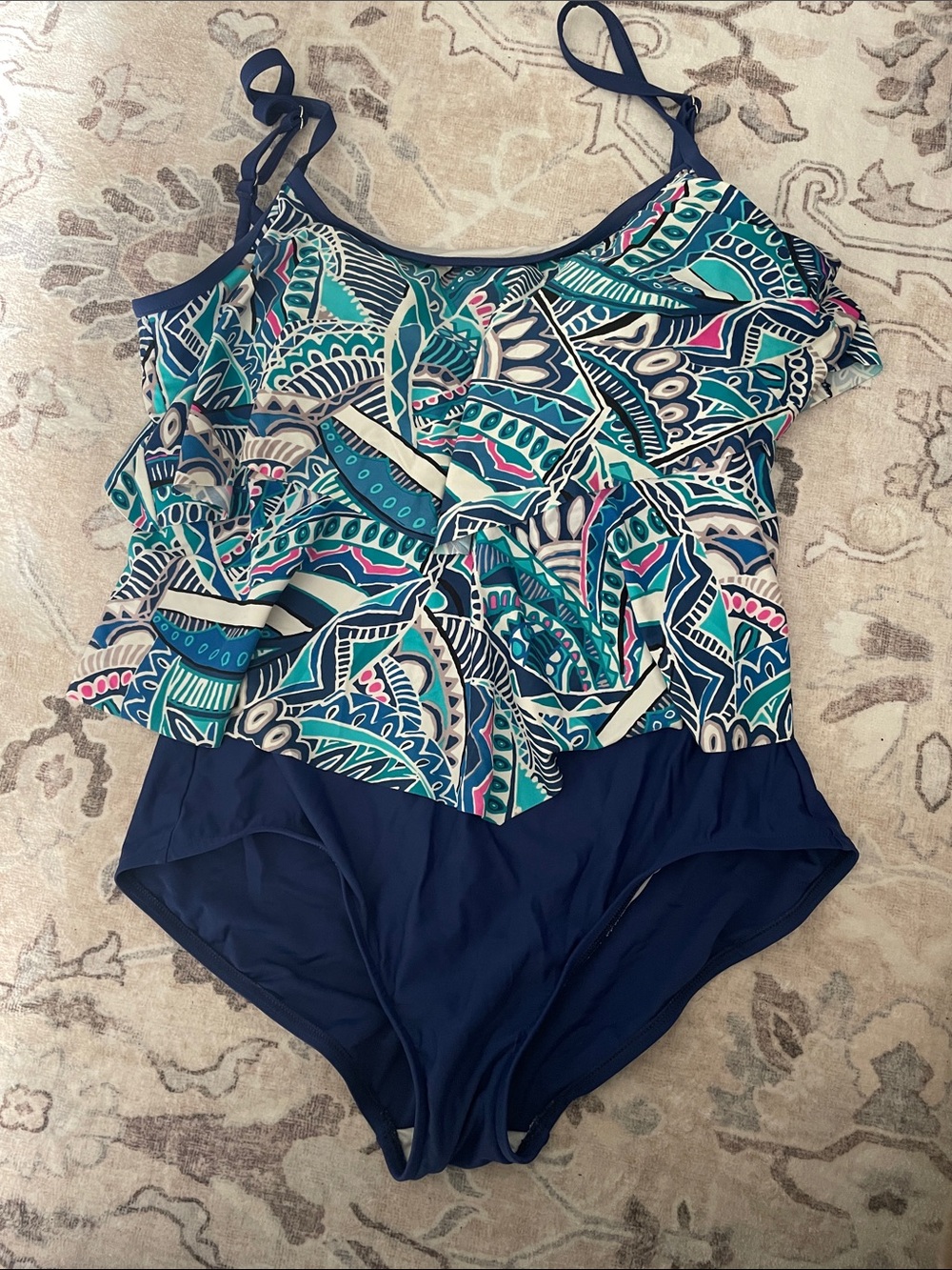 Maxine of Hollywood Teal Navy & White Patterned One-Piece Swimsuit